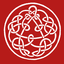 Modern Celtic-inspired design involving a circle surrounding a triangle; between them are undulating and crossing patterns. The background is crimson.
