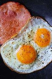 A close-up view of fried ham and eggs