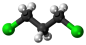 Ball-and-stick model of the 1,3-dichloropropane molecule