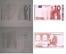 10 euro note picture by a camera with no IR filter and normal photo for comparison on the right.