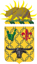 Shield: Or, chain mail Vert, in chief a prickly pear cactus of the last and a fleur-de-lis Gules and in base a carabao affronté Sable. Crest: That for the regiments and separate battalions of the California Army National Guard: On a wreath of the colors Or and Vert, the setting sun behind a grizzly bear passant on a grassy field all Proper.