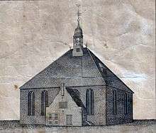 A worn illustration of a building with a tall peaked roof topped with a cupola