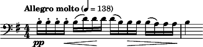  \relative c' { \set Staff.midiInstrument = #"cello" \clef bass \key e \minor \tempo "Allegro molto" 4 = 138 \numericTimeSignature \time 4/4 b16-.\pp b-. b-. b-.\< b( d) d\! d d( b) b\> b b( a) a a\! | b4 } 