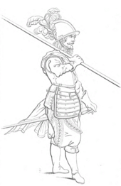 Line drawing of a Renaissance infantryman facing to the right, gripping a pike raised in his right hand, resting on his right shoulder. His left hand rests on the pommel of a sword attached to his mid-region. He wears a metal breast-plate and helmet decorated with a feathered plume. The soldier has a moustache and beard, and puffed out trousers. The legs are drawn slightly short.