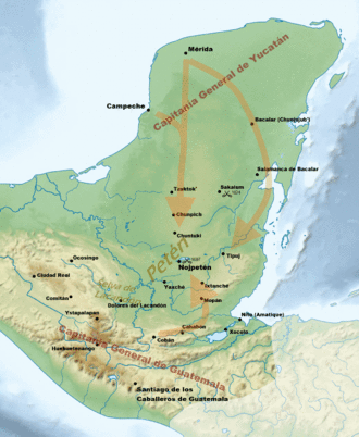 Map of the Yucatán Peninsula, jutting northwards from an isthmus running northwest to southeast. The Captaincy General of Yucatán was located in the extreme north of the peninsula. Mérida is to the north, Campeche on the west coast, Bacalar to the east and Salamanca de Bacalar to the southeast, near the east coast. Routes from Mérida and Campeche joined to head southwards towards Petén, at the base of the peninsula. Another route left Mérida to curve towards the east coast and approach Petén from the northeast. The Captaincy General of Guatemala was to the south with its capital at Santiago de los Caballeros de Guatemala. A number of colonial towns roughly followed a mountain range running east-west, including Ocosingo, Ciudad Real, Comitán, Ystapalapán, Huehuetenango, Cobán and Cahabón. A route left Cahabón eastwards and turned north to Petén. Petén and the surrounding area contained a number of native settlements. Nojpetén was situated on a lake near the centre; a number of settlements were scattered to the south and southwest, including Dolores del Lacandón, Yaxché, Mopán, Ixtanché, Xocolo and Nito. Tipuj was to the east. Chuntuki, Chunpich and Tzuktok' were to the north. Sakalum was to the northeast. Battles took place at Sakalum in 1624 and Nojpetén in 1697.