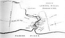 An old map in black and white showing a smaller river meandering into the Hudson River, along the bottom, with a collection of buildings indicated near the confluence. At the top right is printed "Estate of Lemuel Wells, Purchased in 1813