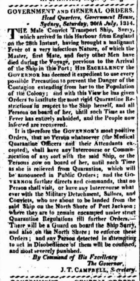 Newspaper article on the quarantine of the convict ship Surry in 1814