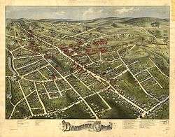 A color map showing "Danbury, Conn.", and the buildings on its streets as seen from the southwest.