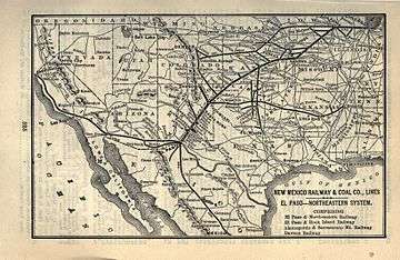 An old map on an aged leaf of paper taken from a book uses a mildly distorted projection of the southwestern United States to highlight certain routes between labeled destinations. The four railways of the New Mexico Railway and Coal Company are the boldest lines, connecting railways are less bold.