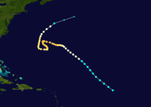 Tracking map showing the path and intensity of the September 1915 hurricane