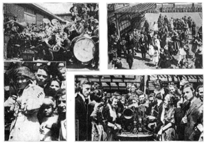 There are four separate scenes portrayed, on in each corner, all in black and white. In the top-left picture, there are many people with brass musical instruments standing in front of a brick building. On the bottom-right corner of that scene, there is a large drum. In the top-right picture, there are many dancing men and women in suits and dresses, and the viewer appears to be slightly above them. In the bottom-left picture, a woman and a hat and a jacket is standing. There is a man and some children behind her. In the bottom-right picture, many people wearing headphones are surrounding some electronic equipment sitting on a table.