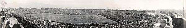 Panoramic shot of 1st Rose Bowl Game, held in 1902 at Tournament Park
