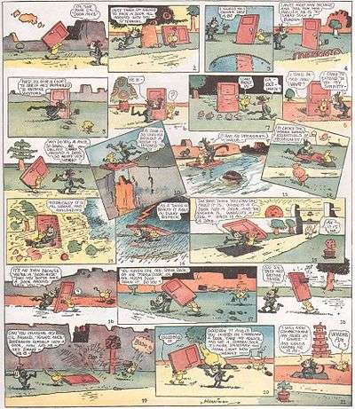 cartoon page of Krazy Kat as Krazy tries to understand why Door Mouse is carrying a door from January 21, 1922