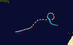 A track begins far to the left of some islands. It curves upward and to the right. It passes over the rightmost of the islands. It then does a loop to the left and curves downward. It goes rightward just before ending.