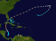 A map showing the path of a hurricane, with colored dots representing the storm's position at six-hour intervals, as well as its intensity based on a color scheme. The path begins at the left, moves generally to the upper-right and crosses two land masses during that trek.