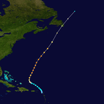 The track of a hurricane stretching from near Puerto Rico northeastward through the western Atlantic, ending near Newfoundland