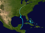 The track of a storm through the Gulf of Mexico that starts in the western Caribbean and heads north towards the U.S. Gulf Coast