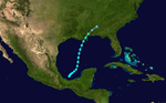 The track of a storm starts in the southern Gulf of Mexico, and heads uneventfully northward towards land