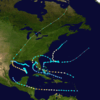 Map of storm tracks over the northeast Atlantic, Caribbean, and Gulf of Mexico. Six storms hit regions including Florida, Texas, and northern Central America, often veering northeast after hitting land.