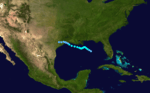 A Gulf of Mexico storm track starts about halfway between the Florida panhandle and Yucatan, heads west and a bit north, and makes landfall near the Texas–Louisiana border.