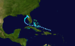 Map of Florida depicting the track of a tropical storm, which starts north of Hispaniola, heads westward, and moves ashore in the United States.