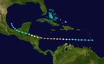 A map depicting the track of a storm that traverses the Caribbean Sea from east-west and strikes Central America.