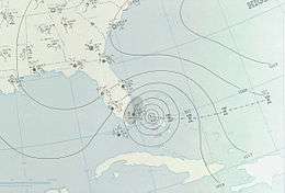 Weather map depicting a storm approaching southeast Florida