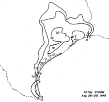 Black and white contoured map of rainfall amounts. Each line represents an interval of 3 in (75 mm) of precipitation.