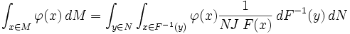 \int_{x\in M}\varphi(x)\,dM = \int_{y\in N}\int_{x\in F^{-1}(y)}\varphi(x)\frac{1}{N\!J\;F(x)}\,dF^{-1}(y)\,dN