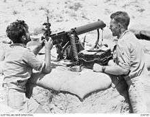Soldiers man a machine gun in the desert
