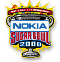 Grey cup with prominent handles backed by yellow celebratory explosion; in front, Nokia Sugar Bowl 2000; above in red banner, National Championship