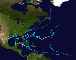A map of the Atlantic Ocean depicting the tracks of 14 tropical cyclones.