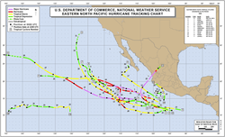 A map of the East Pacific Ocean depicting the tracks of 19 tropical cyclones.