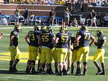 football team in yellow and blue uniforms in the huddle.