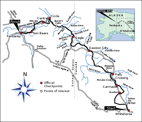 A map showing landmarks along the Yukon Quest race route, starting in Whitehorse, Yukon Territory, and traveling northwest to Fairbanks, Alaska. Rivers, highways, and points of interest are included.