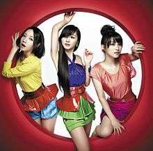 A picture of three girls, the members of Perfume, leaning and sitting on a circle window.