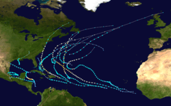 A map of the Atlantic Ocean depicting the tracks of 20 tropical cyclones.
