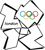 Four abstract shapes placed in a quadrant formation spelling out "2012". The word "London" is written in the shape representing the "2", while the Olympic rings are placed in the shape representing the "0".