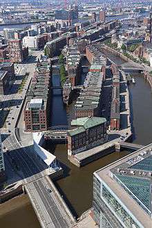 Aerial view of warehouses pervaded by loading canals and streets