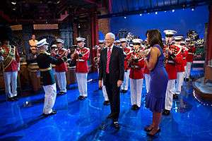 A detachment of "The President's Own", the U.S. Marine Band, appears with First Lady of the United States Michelle Obama on The Late Show with David Letterman in 2015.