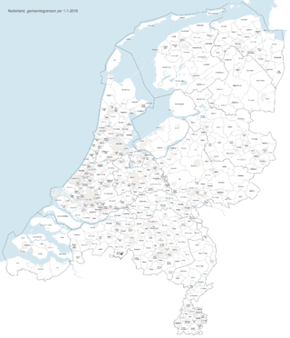 Map showing the municipal boundaries in the Netherlands in 2016