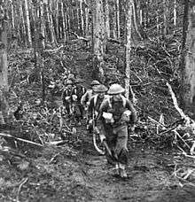 Soldiers in battle gear advance up a hill