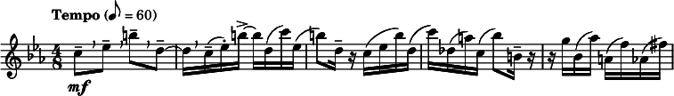  \relative c'' { \clef treble \key c \minor \time 4/8 \tempo "Tempo" 8 = 60 c8--[\mf \breathe ees--] \breathe b'--[ \breathe d,--~] | d16[ \breathe c(-- ees-.) b'->~] b[ d,( c') ees,(] | b'8) d,16-- r c( ees b') d,( | c') des,( a') c,( bes'8) b,16-- r | r g' bes,( aes') a,( f') aes,( fis') } 