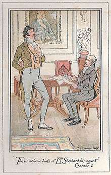 Colour illustration: A young lawyer stands at the left with a conceited air, Sir Walter sits at a desk.