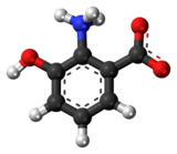 Ball-and-stick model of the 3-hydroxyanthranilic acid molecule as a zwitterion