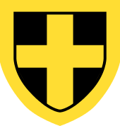 Resembling the flag of Saint David, a yellow cross on a black shield with a yellow border.