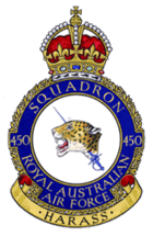 Royal Australian Air Force crest depicting a jaguar's head pierced by a rapier; the motto beneath reads "Harass"