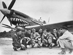 Eight men wearing military uniform crouching in a semi-circle in front of a single propeller monoplane. The aircraft has been painted with a shark's mouth behind the propeller on its nose.