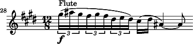 
\relative c' {
  \clef treble \time 12/8 \key e \major
  \set Score.tempoHideNote = ##t \tempo 4. = 44
  \set Score.currentBarNumber = #28 \bar ""
  \set Staff.midiInstrument = "flute"
  \times 2/3 {gis''16(^"Flute"\f ais gis} \times 2/3 {fis gis fis} \times 2/3 {dis e dis)} cis( dis ais4)~ ais8
}
