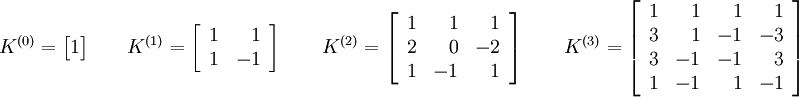  
K^{(0)}=\begin{bmatrix}
                     1
               \end{bmatrix}
\qquad
K^{(1)}=\left [ \begin{array}{rr}
                  1&1\\
                  1&-1
\end{array}\right ] 
\qquad
K^{(2)}=\left [ \begin{array}{rrr}
                  1&1&1\\
                  2&0&-2\\
                  1&-1&1
\end{array}\right ] 
\qquad
K^{(3)}=\left [ \begin{array}{rrrr}
               1&1&1&1\\
               3&1&-1&-3\\
               3&-1&-1&3\\
               1&-1&1&-1
\end{array}\right ] 
